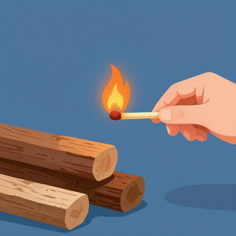 Ein Holzstreichholz, das an einem kleinen Haufen trockener Scheite reibt, um ein Lagerfeuer zu entfachen.