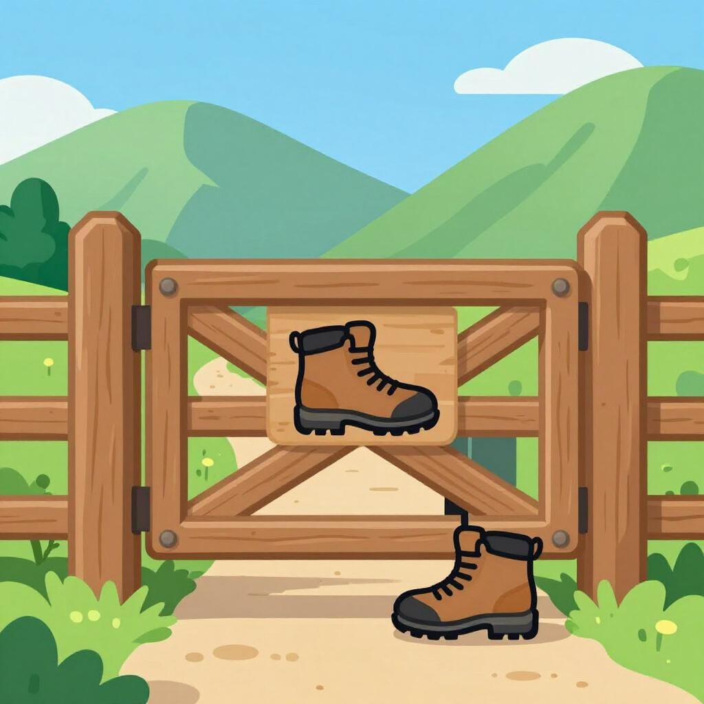 Un randonneur se tenant devant une grande porte en bois avec un panneau indiquant une icône de botte de randonnée, signalant la nécessité de chaussures appropriées.