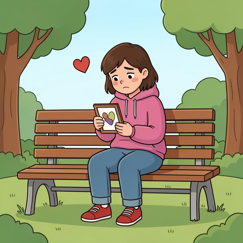 A person sitting on a bench looking at a small framed photograph with a wistful expression.