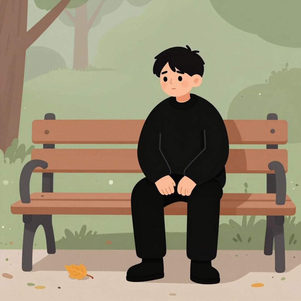 Une personne vêtue de vêtements noirs simples assise seule sur un banc en bois, regardant vers le bas avec une expression paisible mais sombre.