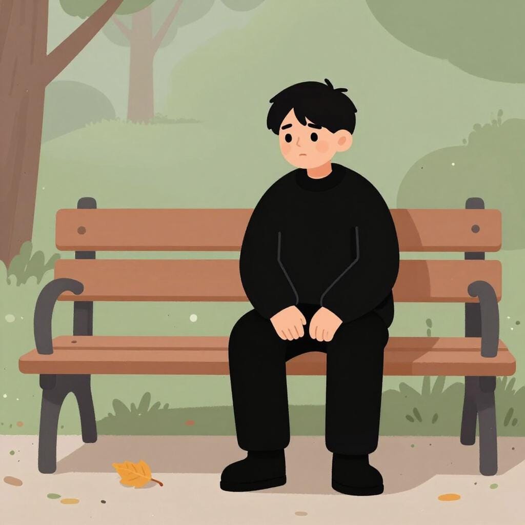 A person dressed in simple black clothing sitting alone on a wooden bench, looking down with a peaceful but somber expression.