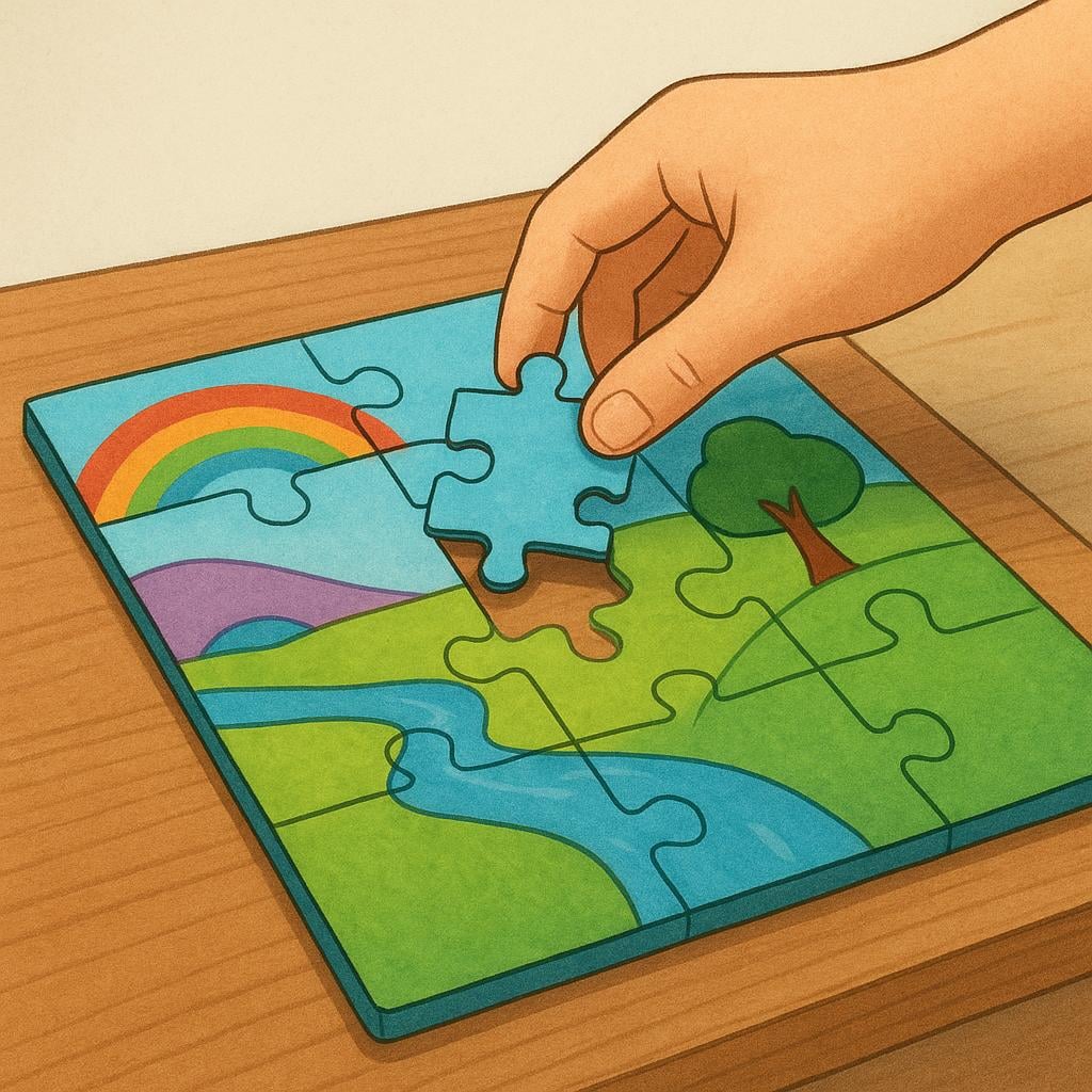 A hand placing the final, perfectly fitting piece into a colorful, completed jigsaw puzzle on a table, symbolizing the final state or result.