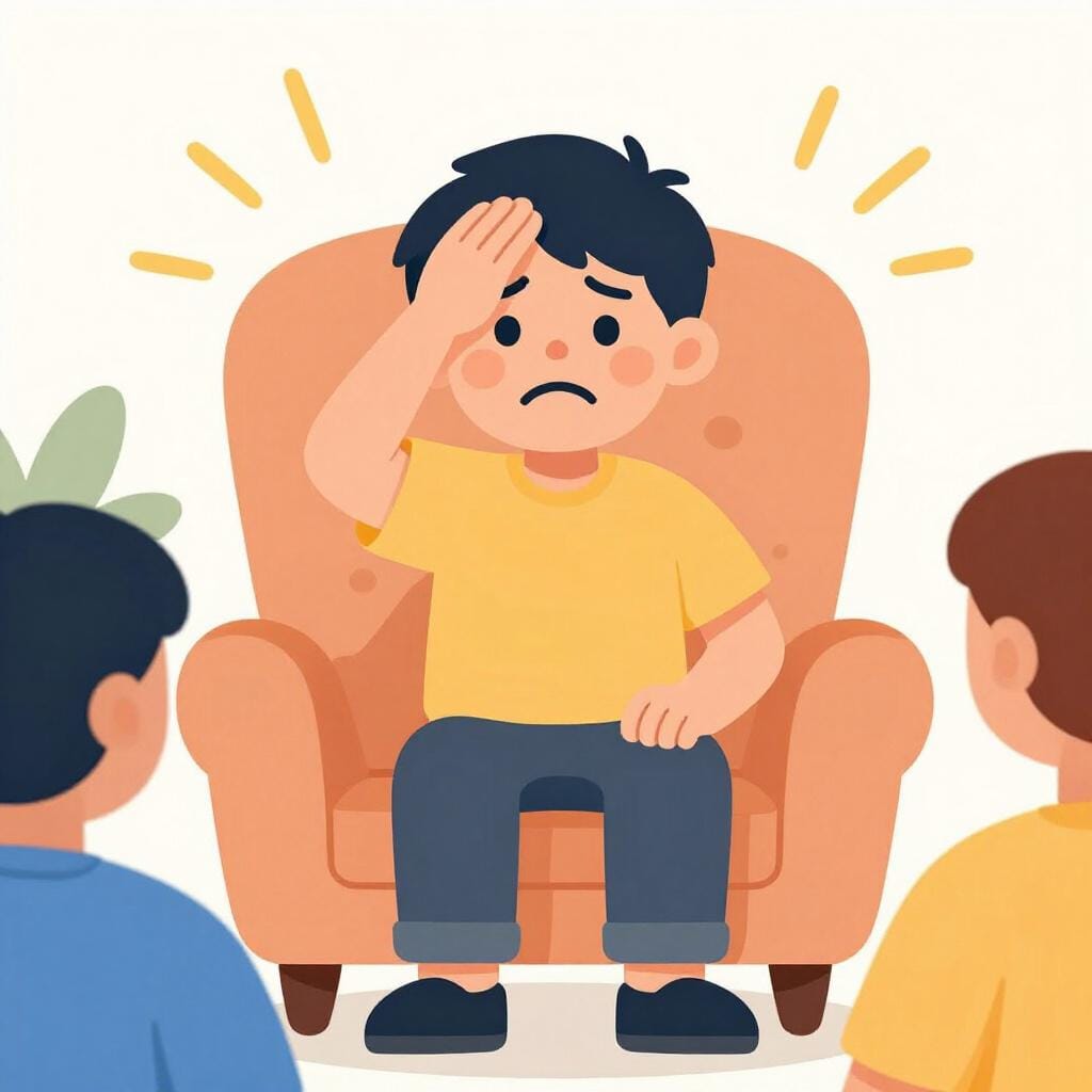 A person sitting on a chair dramatically holding their forehead and sighing, while people nearby watch with concern.