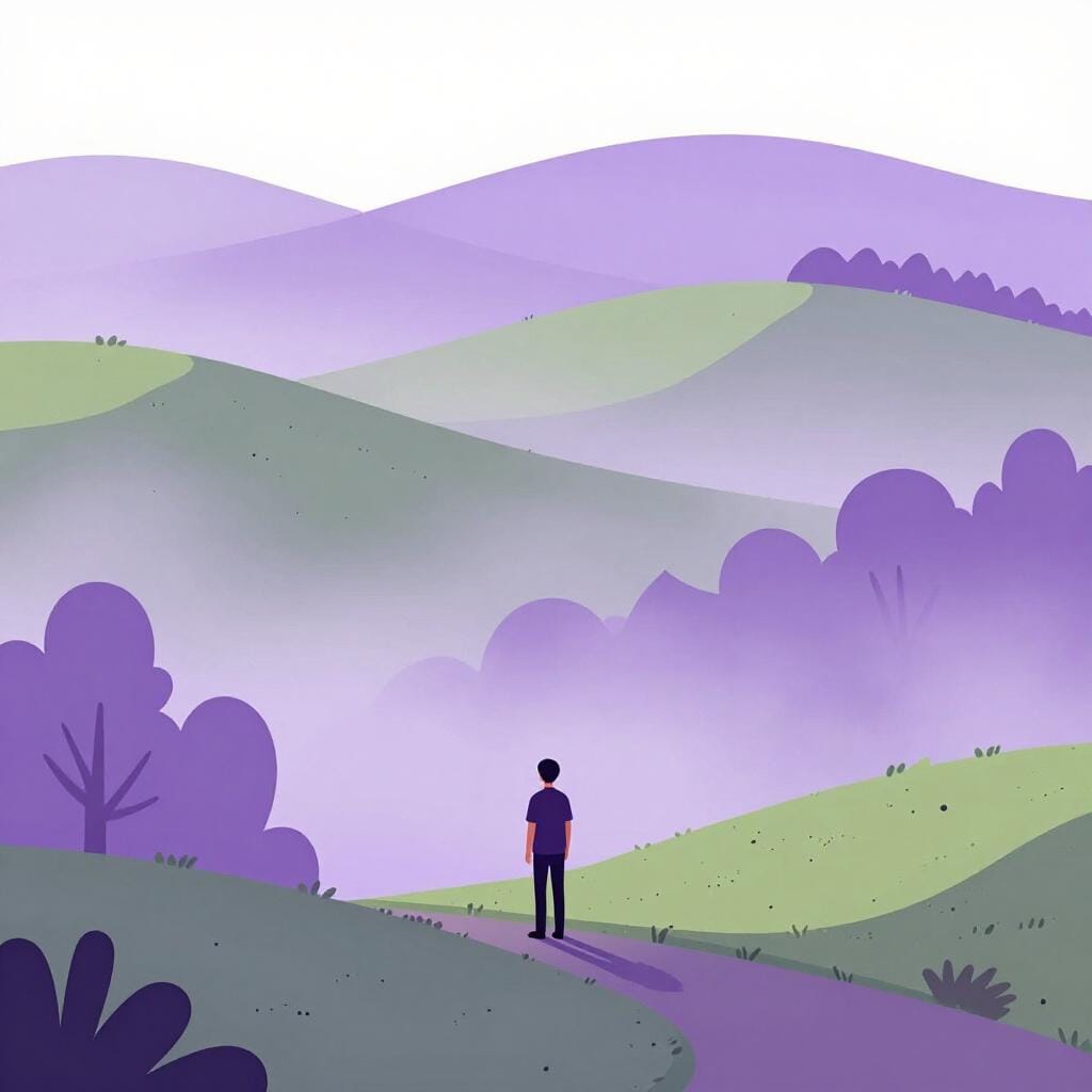 A small figure standing in a landscape where hills and trees are covered in a soft, thick purple mist.
