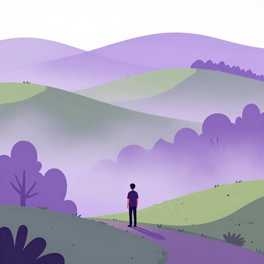 A small figure standing in a landscape where hills and trees are covered in a soft, thick purple mist.