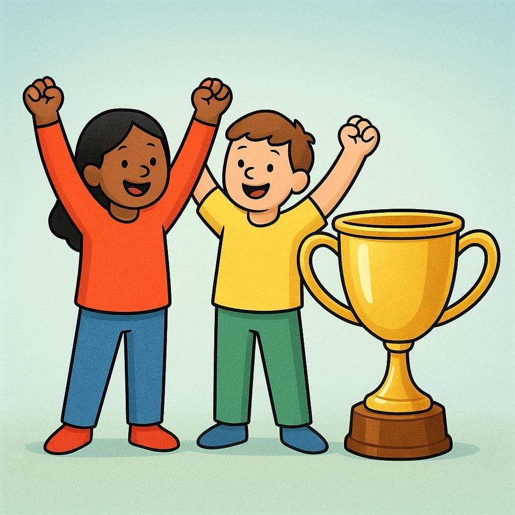 Two stylized cartoon characters celebrating a victory, raising a golden trophy together.