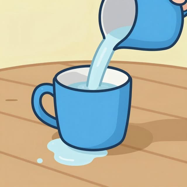 Une tasse en céramique bleue sur une table avec de l'eau débordant des bords.