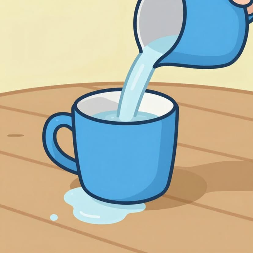 A blue ceramic mug on a table with water spilling over the edges.