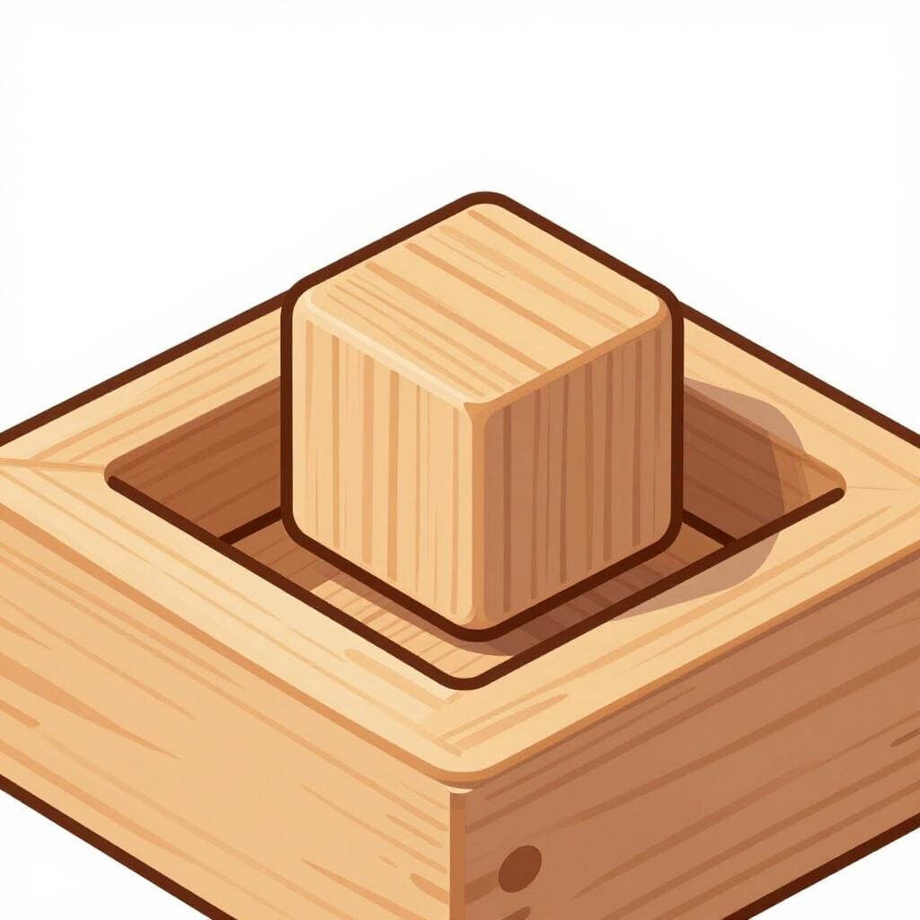 Ein quadratischer Holzklotz, der perfekt in ein passendes quadratisches Loch in einer Spielzeugkiste für Kinder passt.