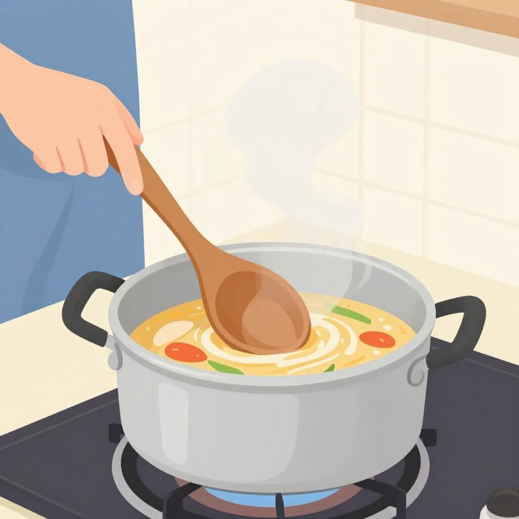 A person using a wooden spoon to stir a large pot of soup.