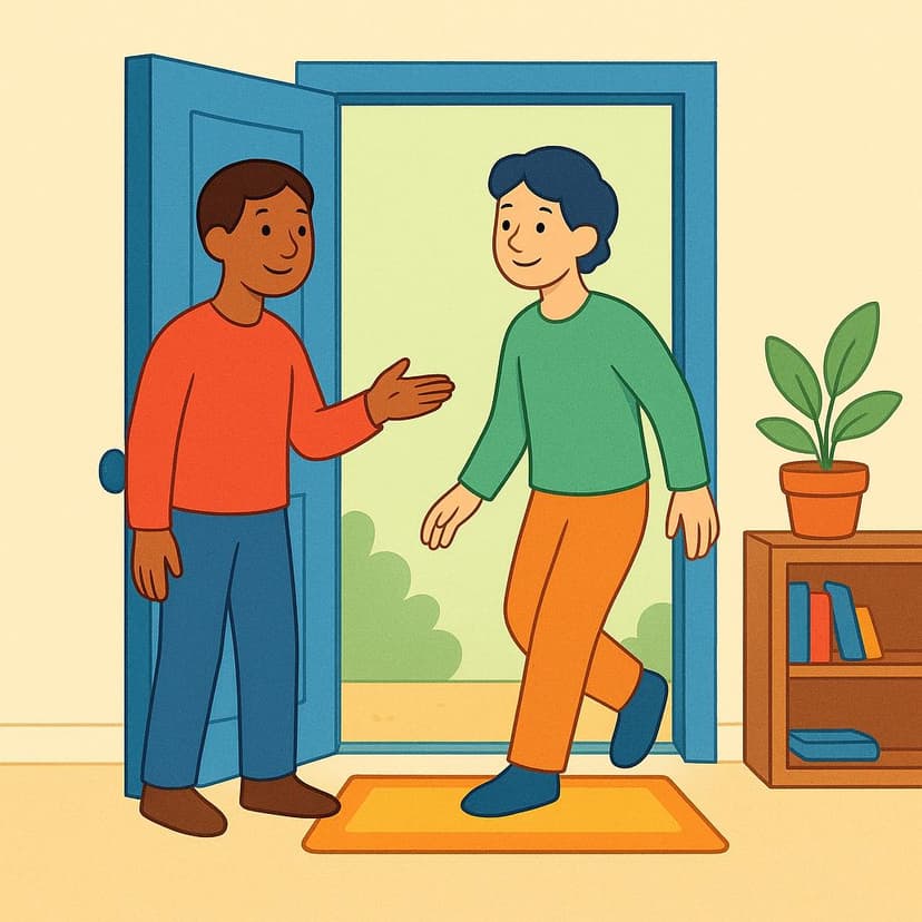 A person standing inside a brightly lit doorway, gesturing with an open hand for another person to step across the threshold and enter the room.