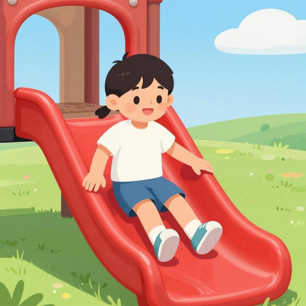 Ein Kind rutscht eine glatte, bunte Rutsche auf einem Spielplatz hinunter.