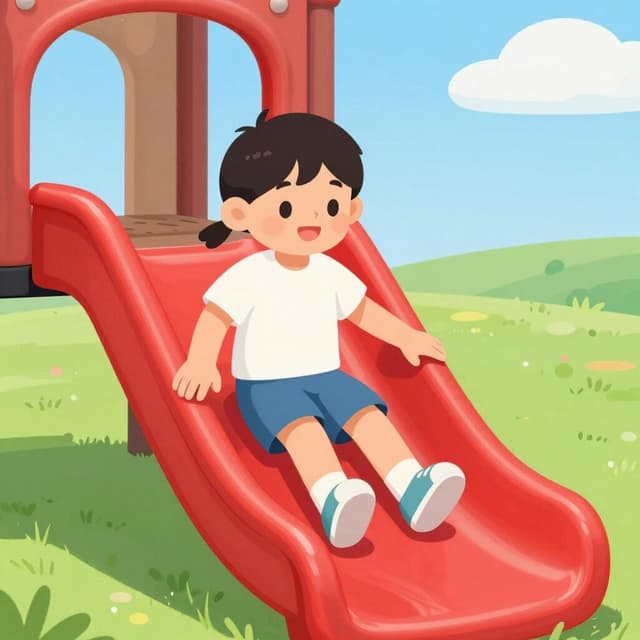 A child sliding down a smooth, colorful playground slide.