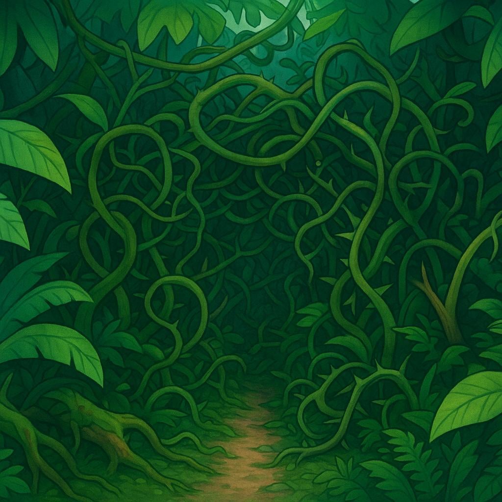 An extremely dense jungle environment where thick, tangled vines and overgrown bushes block a narrow, barely visible path, emphasizing chaos and difficulty.