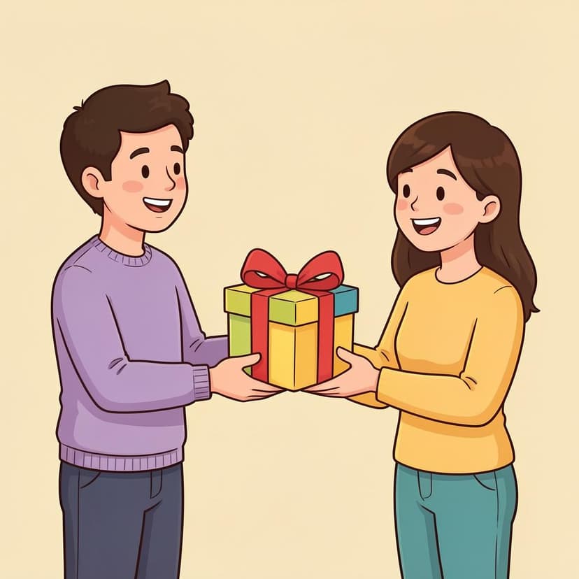 Eine lächelnde Person überreicht einer anderen Person eine hell verpackte Geschenkbox mit einer roten Schleife.