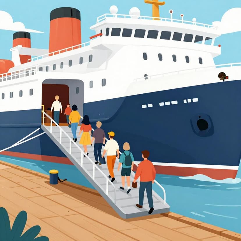 Un gruppo di viaggiatori felici che scendono da una rampa di legno da una grande nave bianca verso un molo soleggiato.