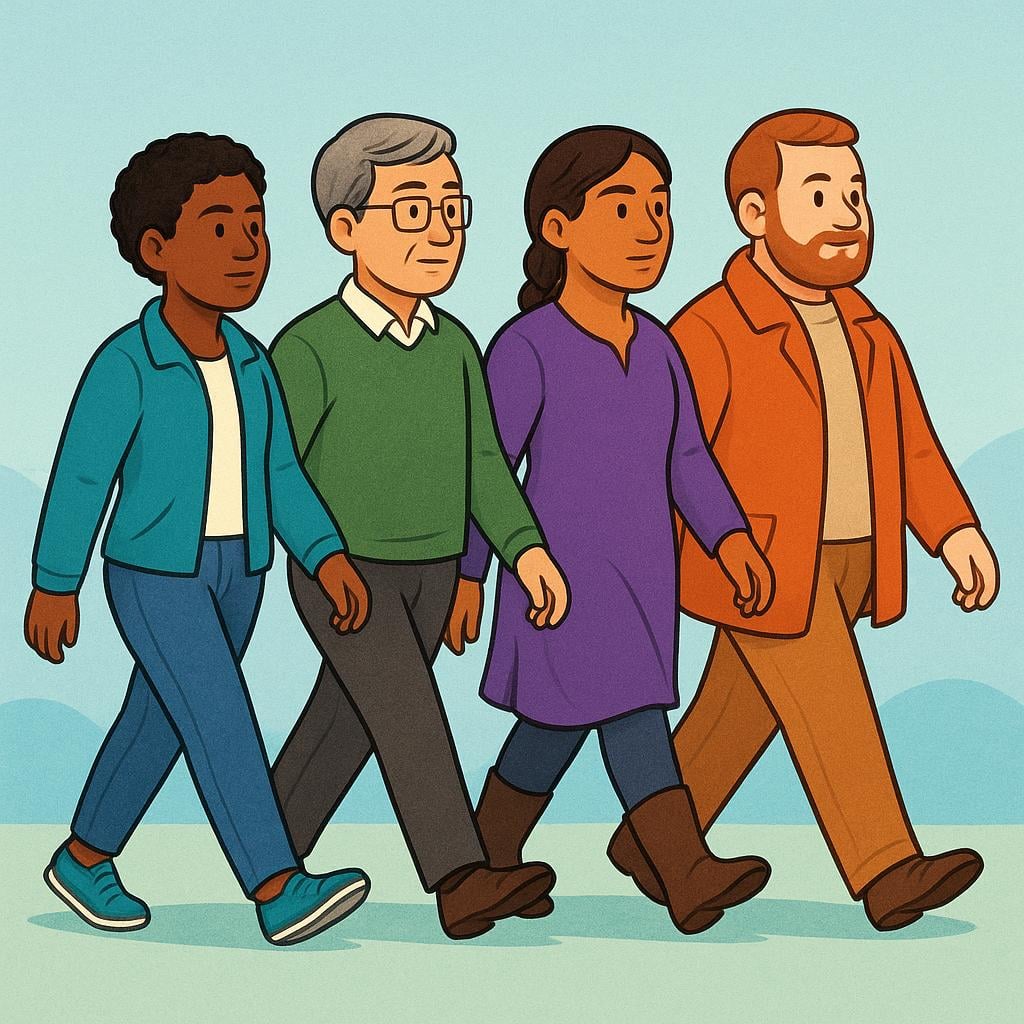 A line of four diverse people walking forward together with determined expressions, symbolizing a unified social movement or cause.