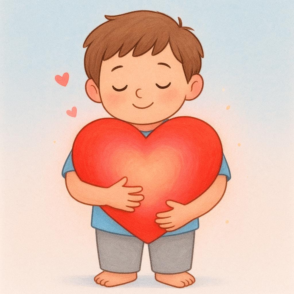 A colorful illustration of a child gently hugging a large, brightly glowing red heart, symbolizing deep affection.