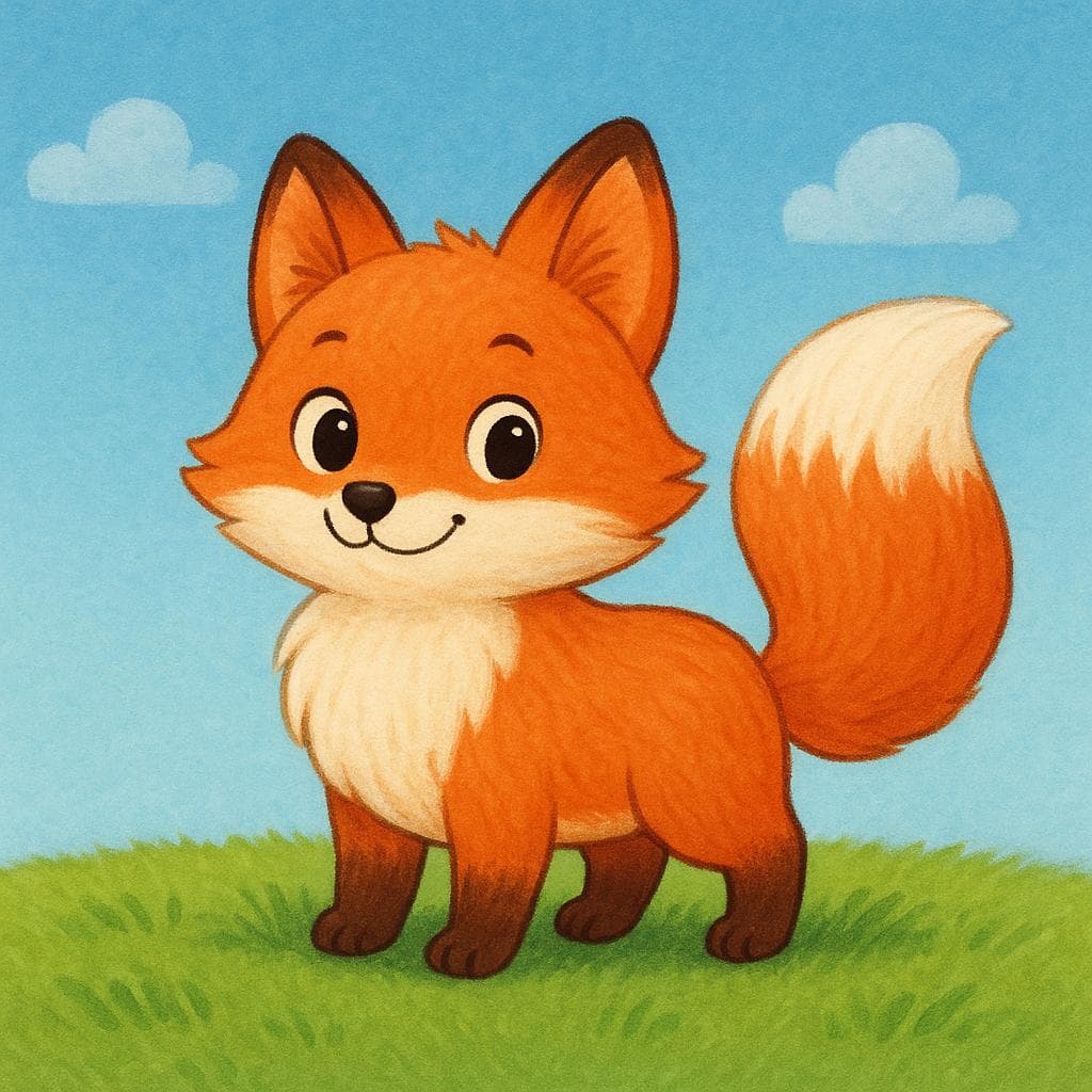 Un renard orange duveteux avec une queue touffue se tient alerte dans un champ d'herbe vert vif.