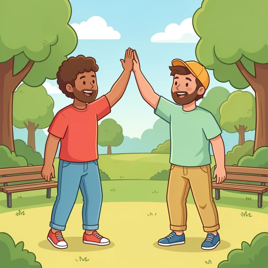Deux personnes amicales portant des vêtements décontractés, se donnant un cinq dans un parc.