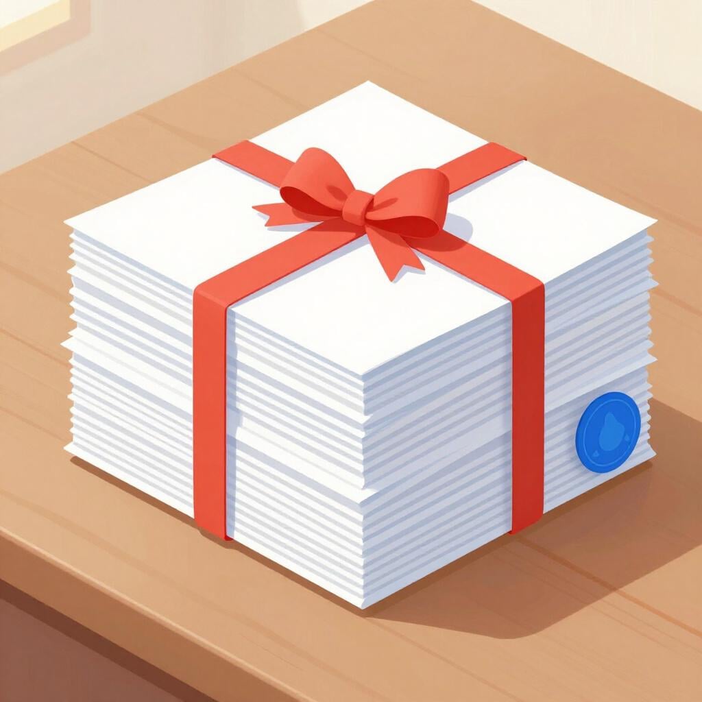 A stack of official-looking papers with a blue wax seal and a colorful ribbon.