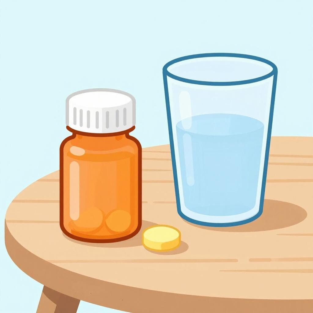 A colorful storybook illustration of a small orange bottle next to a single round pill and a glass of water.