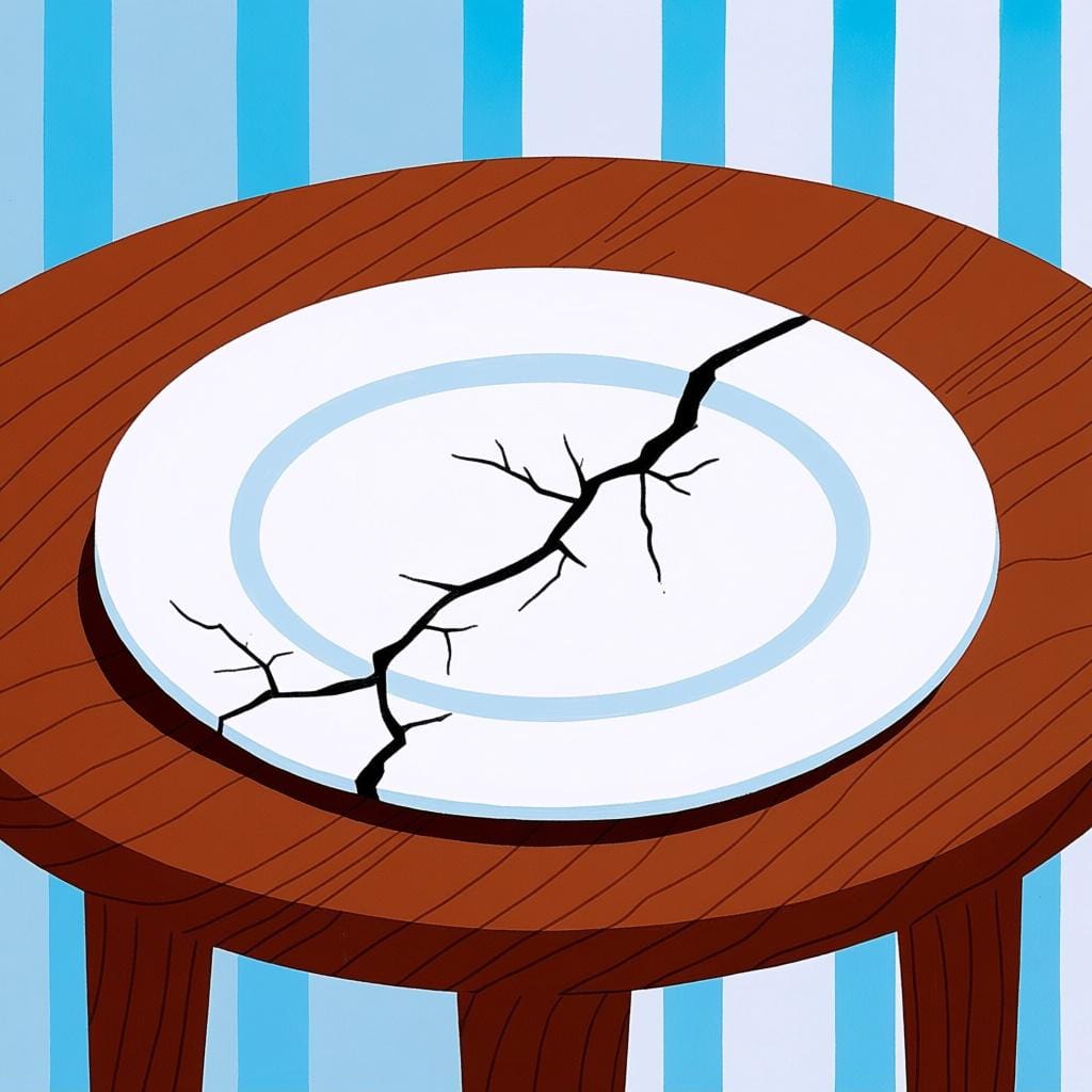 Um prato de cerâmica branca deitado sobre uma mesa de madeira, claramente rachado ao meio, ilustrando dano físico.