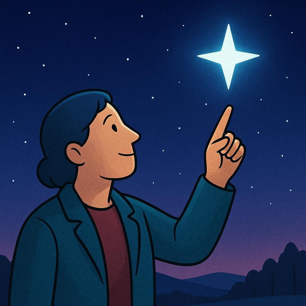 A high quality illustration showing an adult figure standing outside at night, pointing their finger decisively upward toward a single large, glowing star, commanding attention.