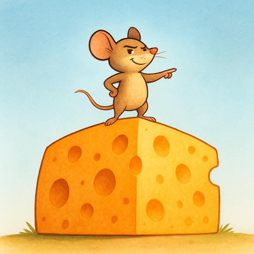 A tiny mouse standing proudly on top of an enormous wedge of cheese, pointing outward with a boastful expression, symbolizing an assertion or claim.