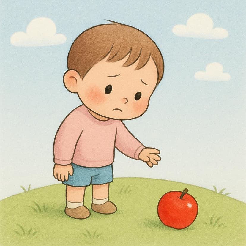 A high quality simple colorful storybook illustration depicting a small character standing sadly on a grassy hill, looking at a single red apple that has rolled just out of reach, symbolizing an action that 'would have' been completed.