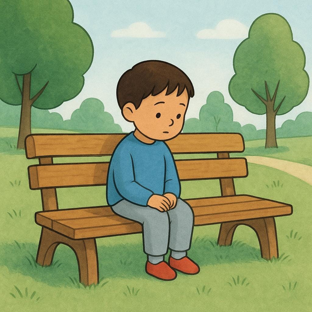 A solitary young child, perhaps 5 years old, sitting quietly on a large wooden park bench, illustrating an underage person.