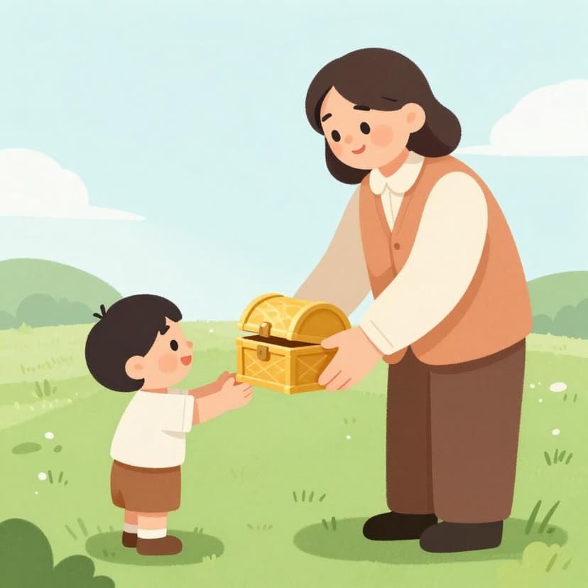 Un bambino che consegna con cura uno scrigno del tesoro scintillante e di piccole dimensioni a un adulto fidato, a rappresentare l'atto di affidare una responsabilità.