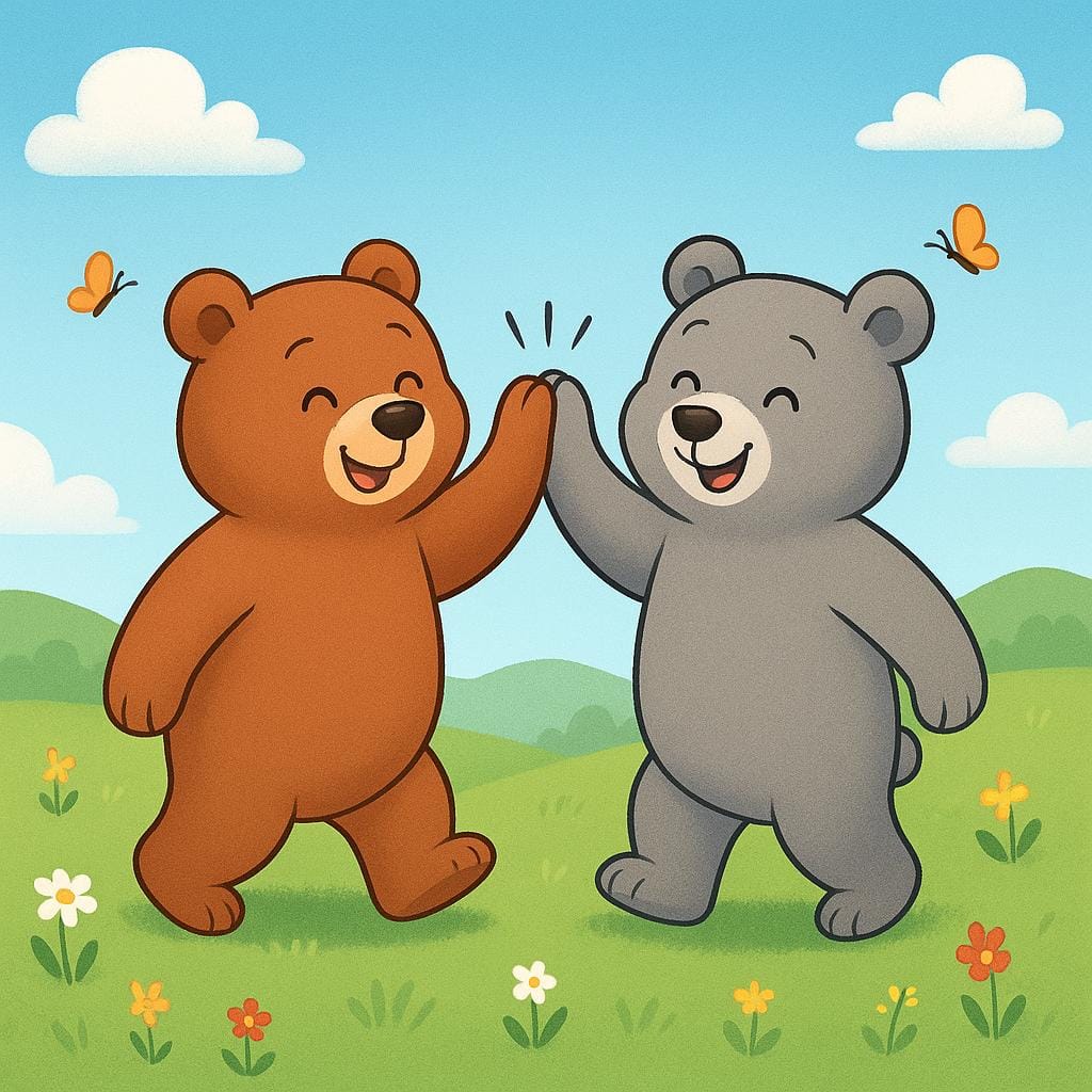 Two friendly, anthropomorphic bears are smiling warmly and high-fiving each other in a sunny, lush green meadow, symbolizing a good relationship.