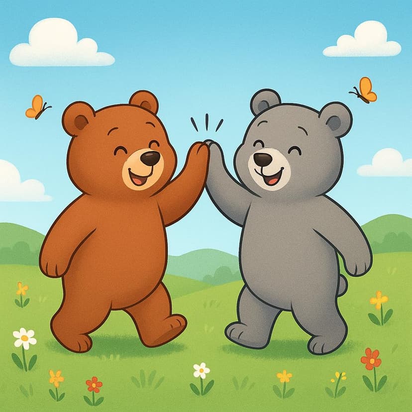 Two friendly, anthropomorphic bears are smiling warmly and high-fiving each other in a sunny, lush green meadow, symbolizing a good relationship.