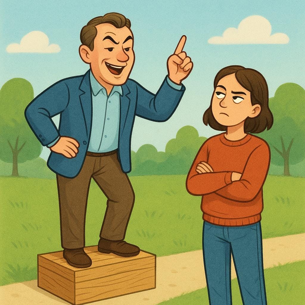 An illustration of a middle-aged man standing on a small wooden soapbox with a smug look, gesturing emphatically while giving unwanted advice to a younger person who appears annoyed.