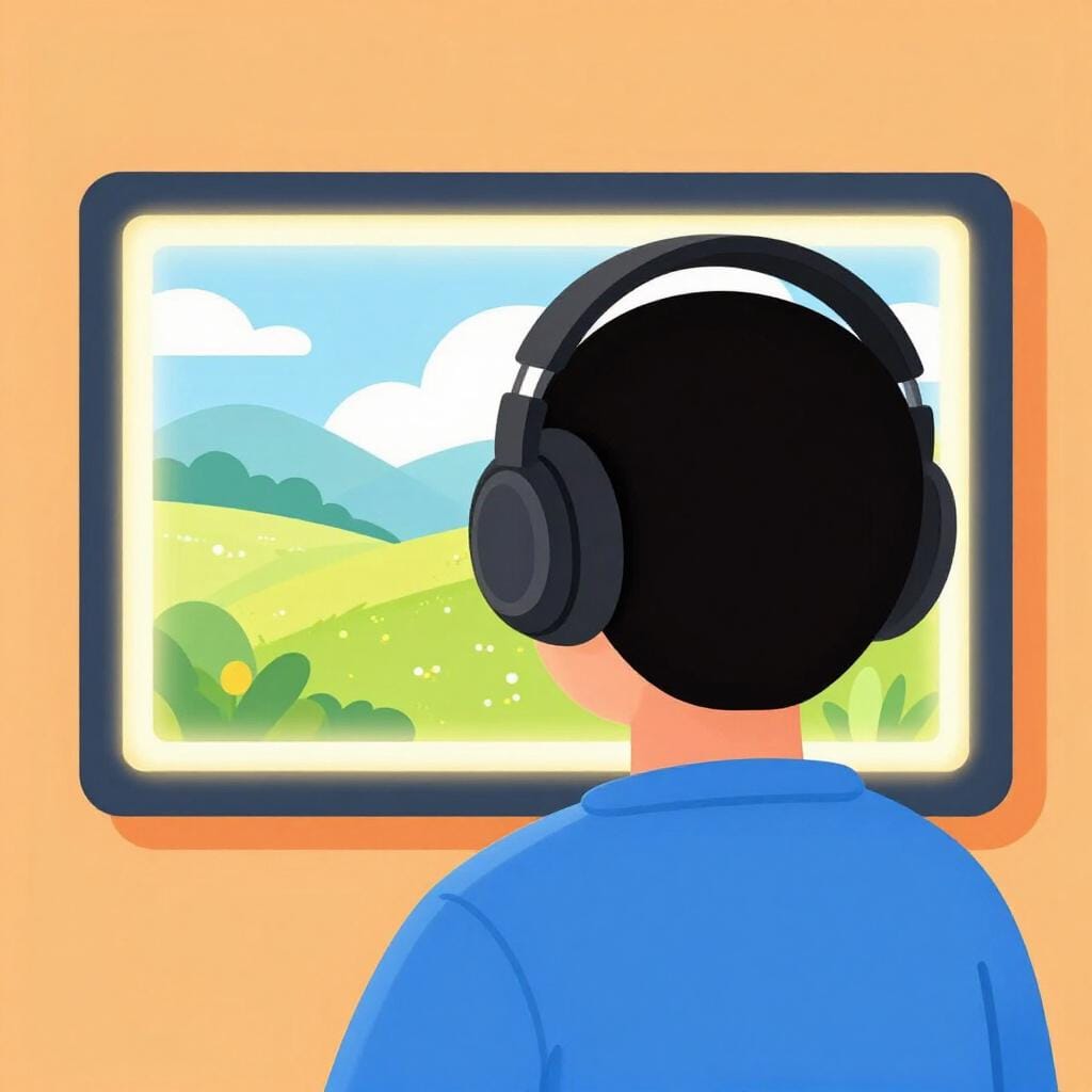 A person wearing headphones and looking at a bright, colorful screen.