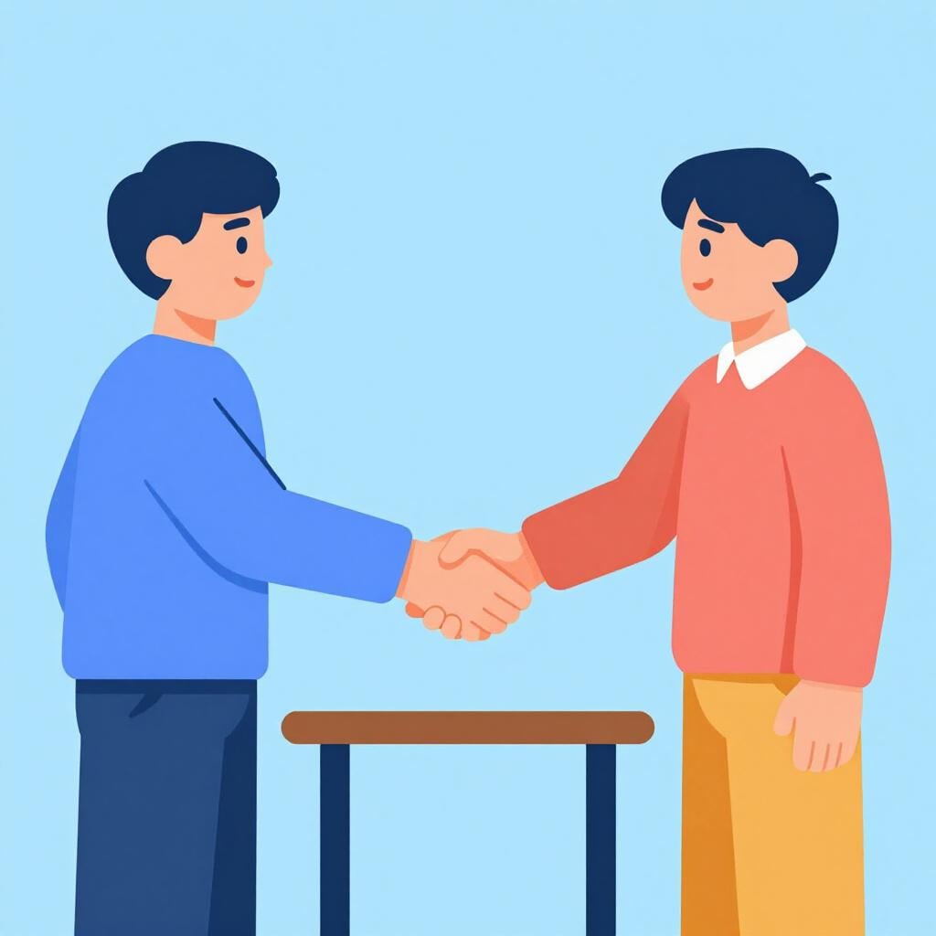 Two people standing on opposite sides of a small table, shaking hands in agreement.