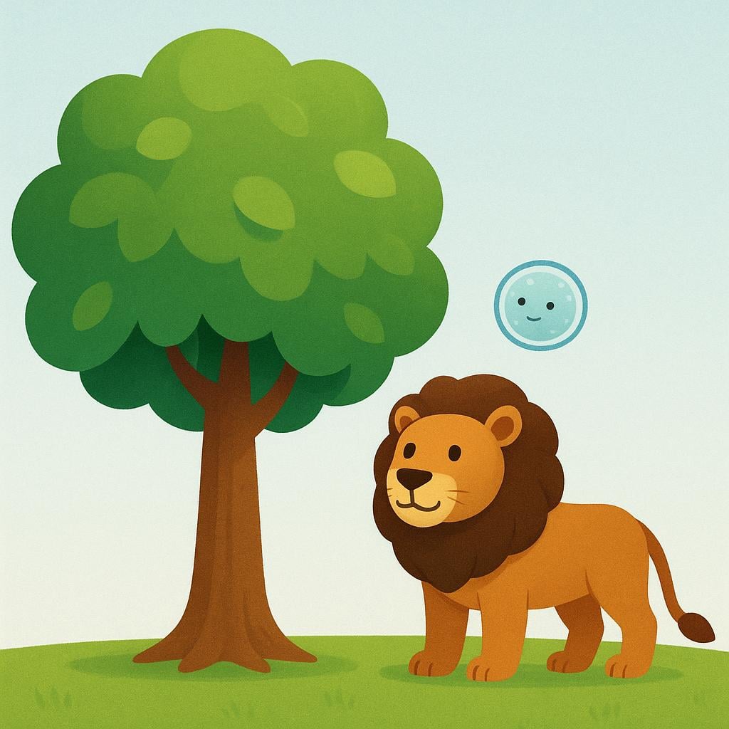 A simple illustration showing three distinct life forms grouped together: a large green tree, a roaring lion, and a tiny, floating single-celled organism.