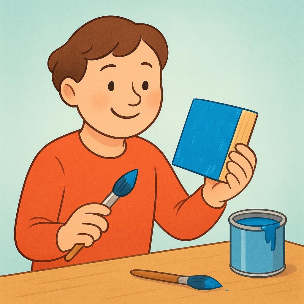 A person holding a newly painted blue wooden block, standing next to a paint can, illustrating that they modified the object.