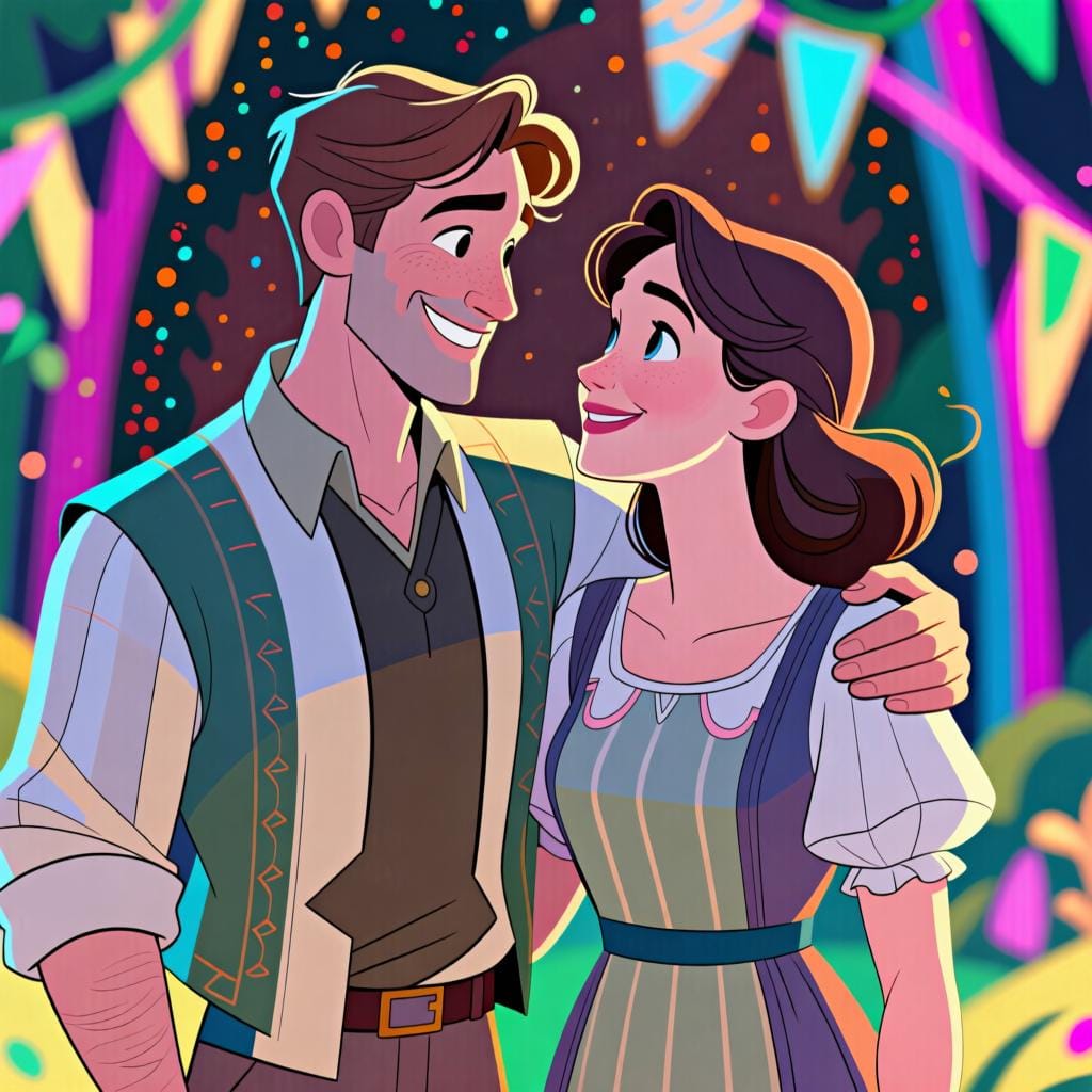 カップルであることが明らかな男性と女性が、腕を組んで並んで立っている。