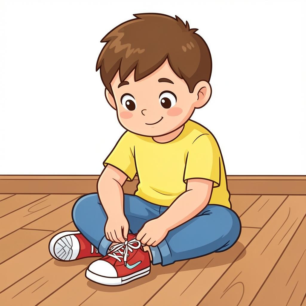 A small child successfully tying a shoelace on their own.