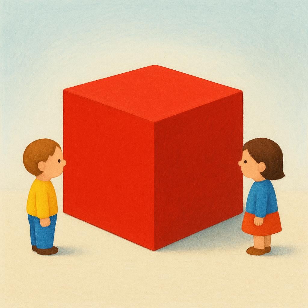 Two small figures standing on opposite sides of a large, simple red cube, illustrating how their position affects their perception of the object.