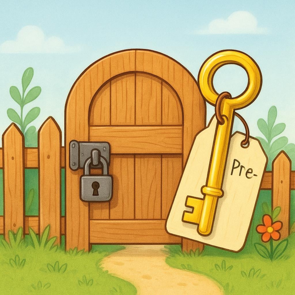 A locked wooden gate with a large gold key hanging nearby, symbolizing a requirement that must be met.