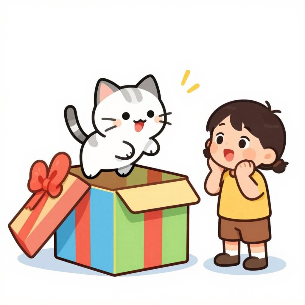 明るいラッピングがされたプレゼントボックスから小さな子猫が飛び出し、手を叩いて喜ぶ子供を驚かせている様子。
