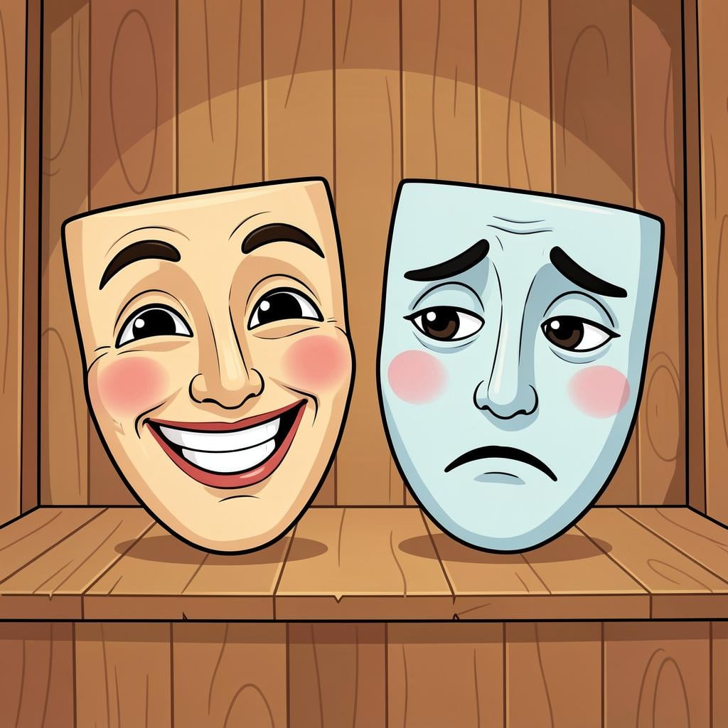 Two classic theater masks, one smiling and one crying, representing drama and theater.