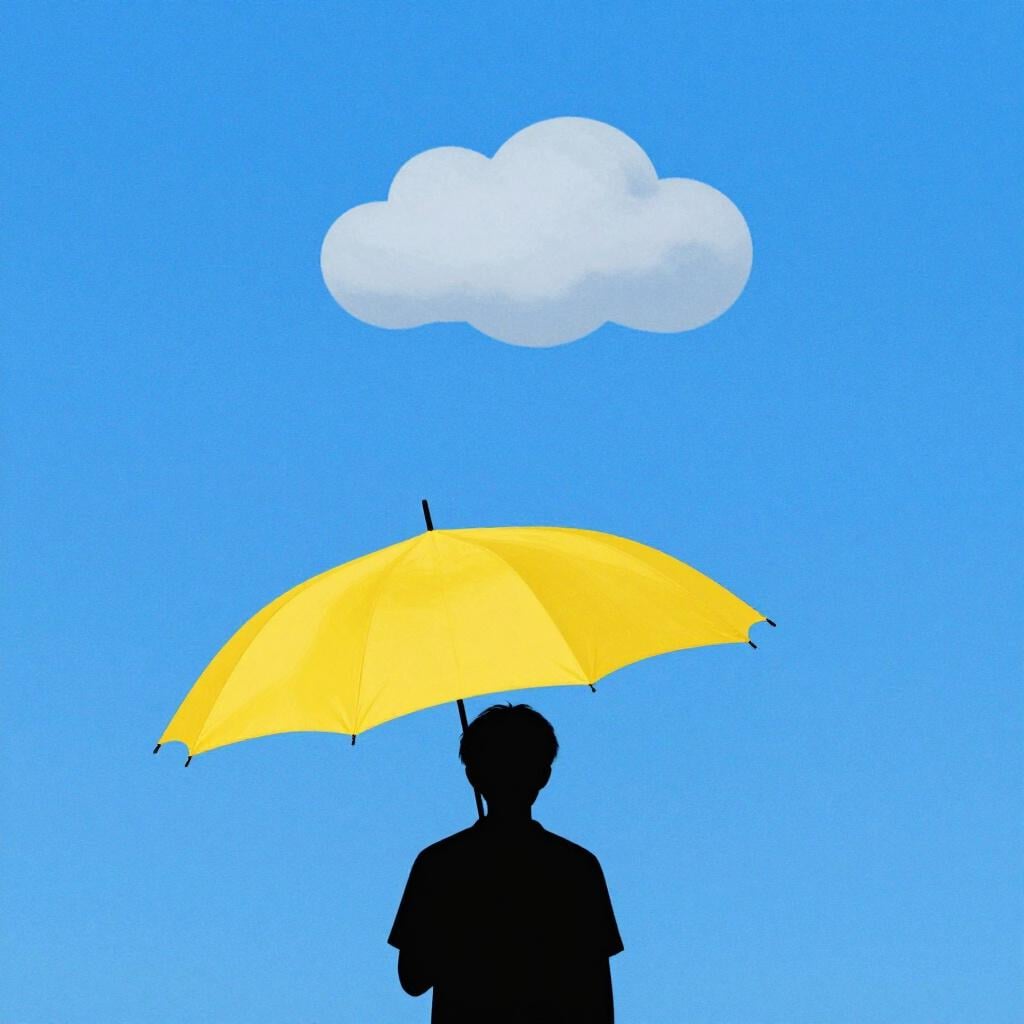 A person opening a large yellow umbrella while looking up at a single small grey cloud in a sunny sky.
