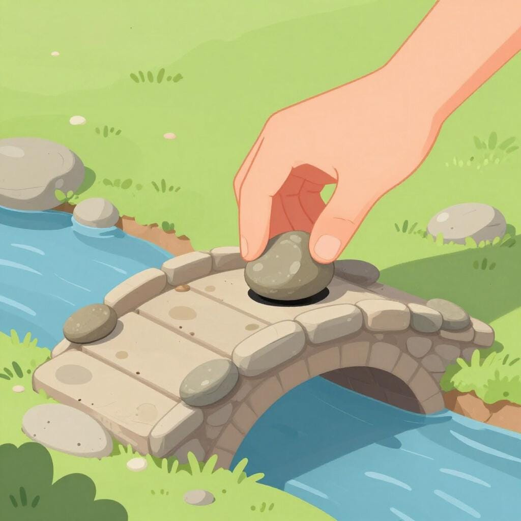 Eine Hand legt den letzten Stein in eine Lücke in einer Brücke, wodurch ein Weg überquert werden kann.