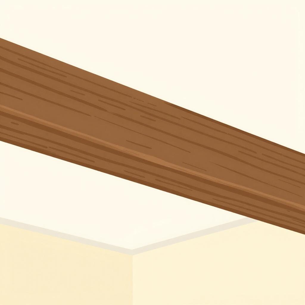 A thick, sturdy wooden beam supporting the ceiling of a rustic house.