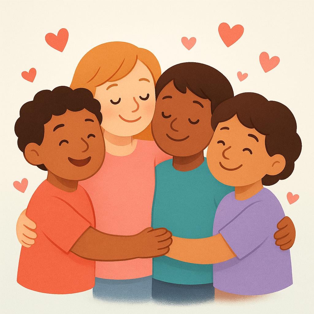 A group of four smiling figures embracing each other warmly in a group hug, showing mutual affection.