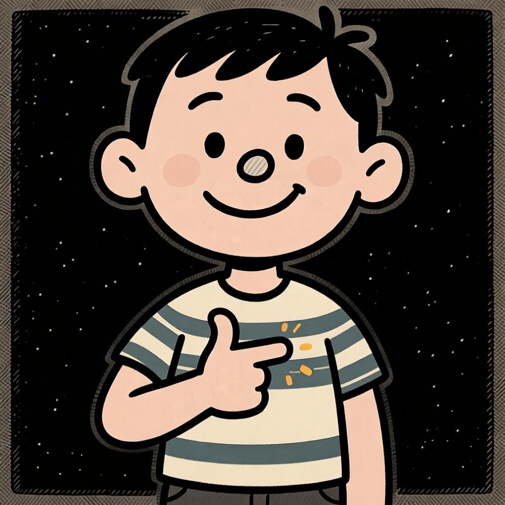 A friendly cartoon person pointing to their own chest with a smile, indicating 'me'.